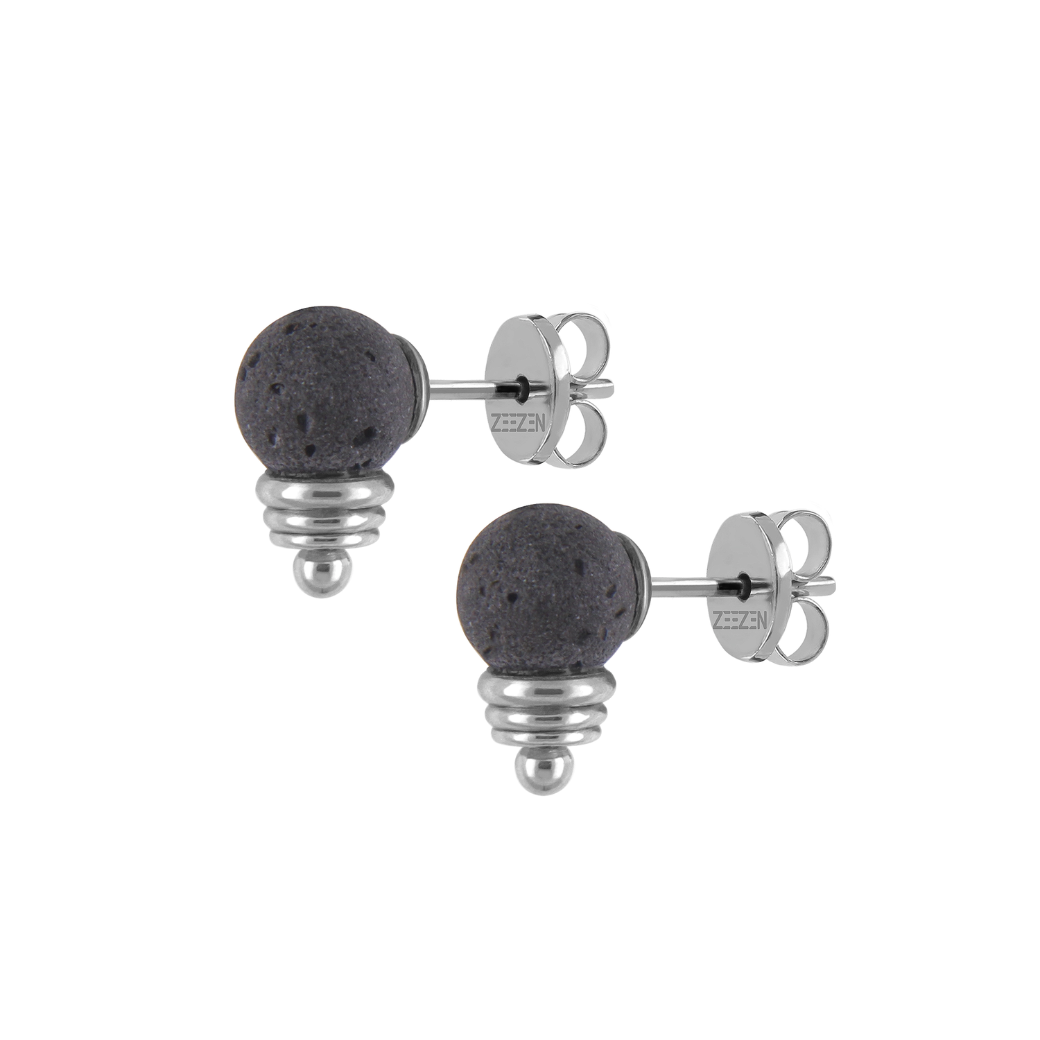 Títaníum eyrnalokkar með tveimur hraunsteinum. Vönduð vara frá Zeezen. Ófeigur gullsmiðja - Skólavörðustíg 5