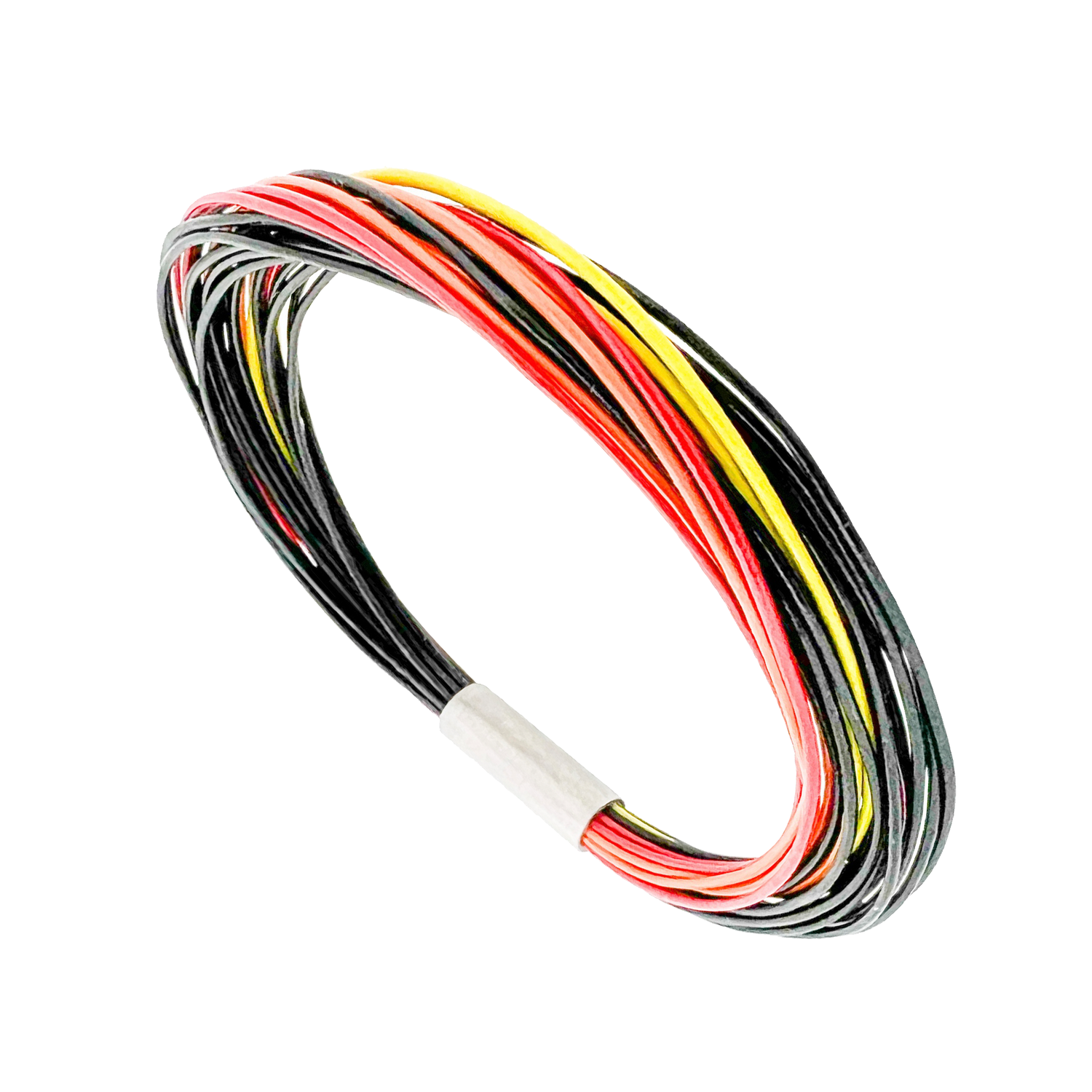 Eldfjall - armband - fínþætt - 25 leðurstrengir - 4 litir, svartur, rauður appelsínugulur og gulur. Fæst hjá Ófeigi gullsmiðju