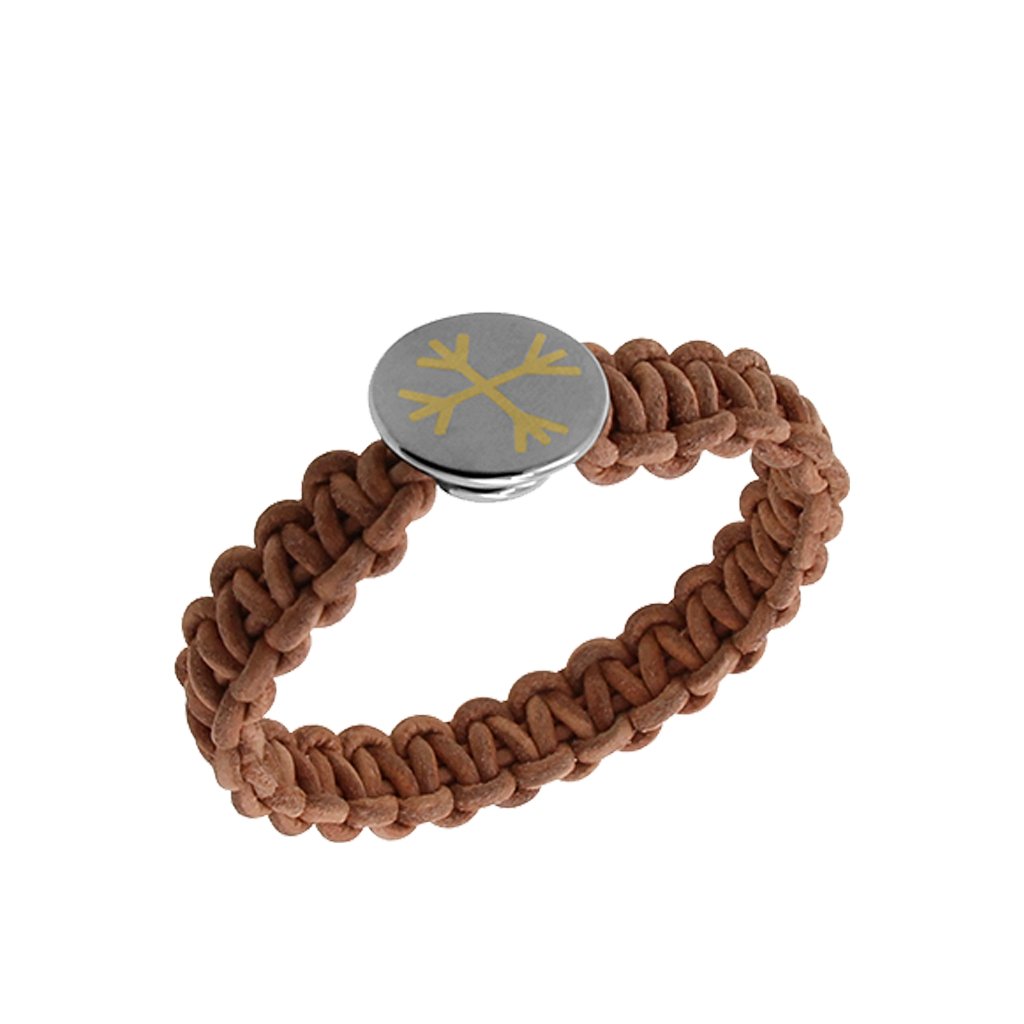 Ægishjálms leður armband, títaníum skjöldur með 18 karata gull ægishjálmi. Leðurarmbandið er 8mm á breidd. Vara frá Zeezen. Ægishjálmur - Helm of Awe Leather Bracelet with titanium and 18k gold. Ófeigur gullsmiðja - ofeigur.is