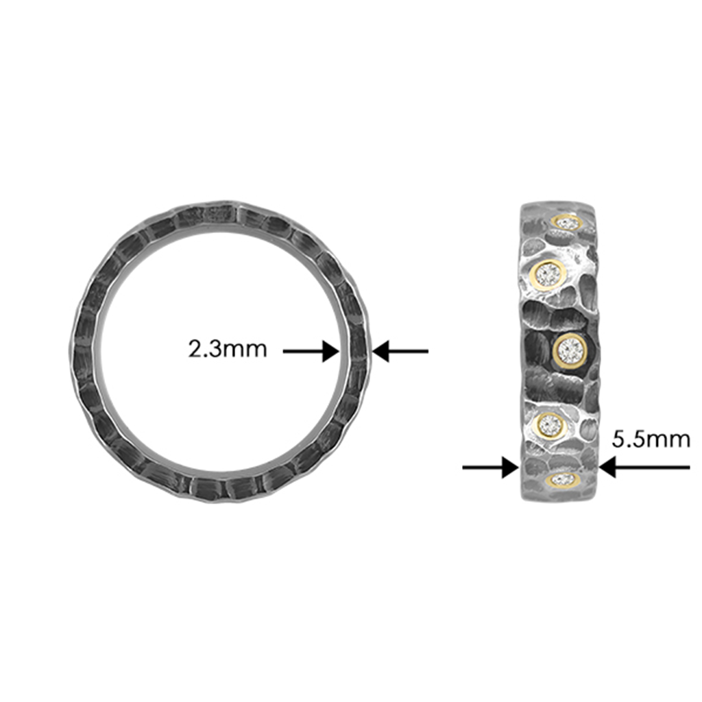 Gígar - Titaníumhringur með 18 karata gulli og Lab - demöntum (5x0.015ct. Hvítir TW/Si-2), með hönnun sem er innblásin af Sundhnjúkagígum. Ófeigur gullsmiðja - ofeigur.is