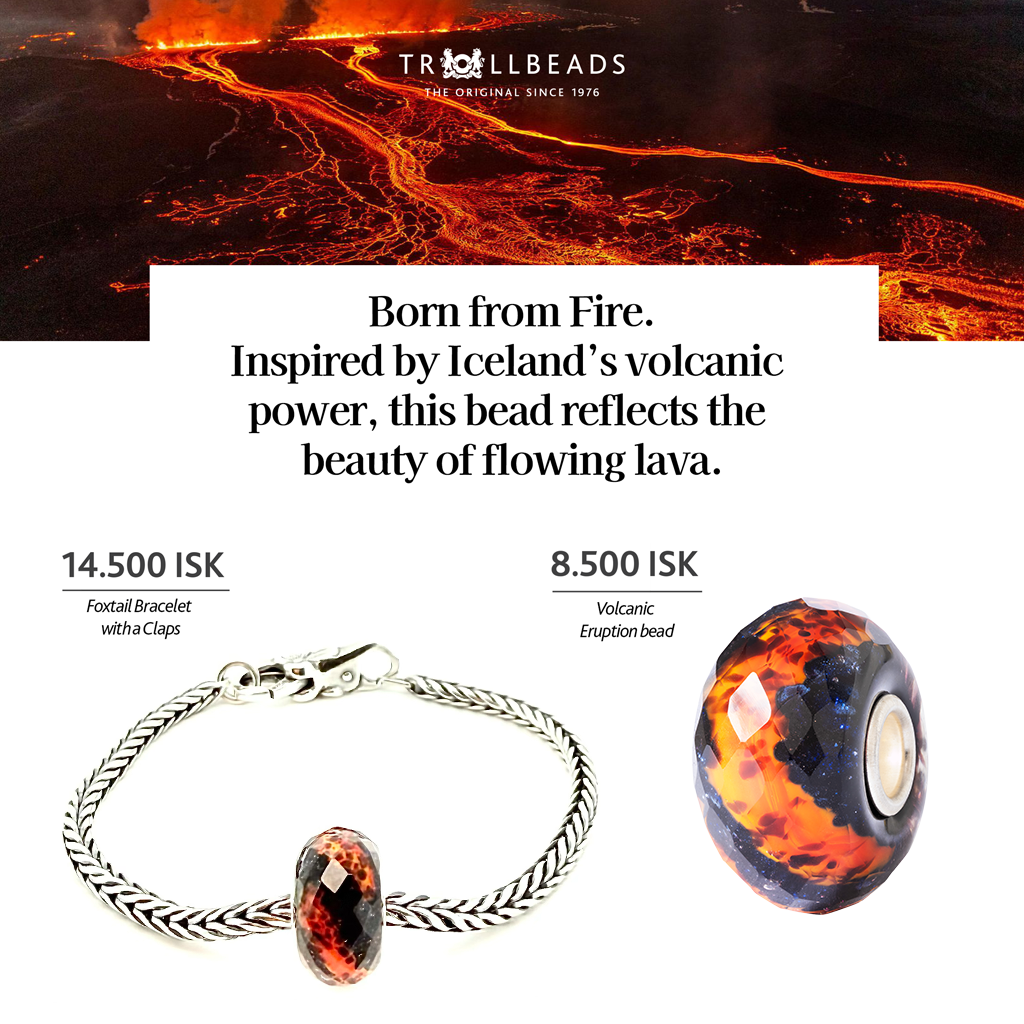 Volcanic Eruption Bead - by Trollbeads is designed by Bolli Ófeigsson goldsmith. Born from Fire - Inspired by Iceland’s volcanic power, this bead captures the beauty of flowing lava – a reminder of the island’s untamed energy and natural wonder. Available exclusively in Iceland. Ófeigur gullsmiðja, Skólavörðustíg 5. ofeigur.is