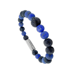A beaded bracelet made of alternating dark blue Lapis Lazuli and black porous lava stone beads, featuring a engraved titanium magnetic lock with.