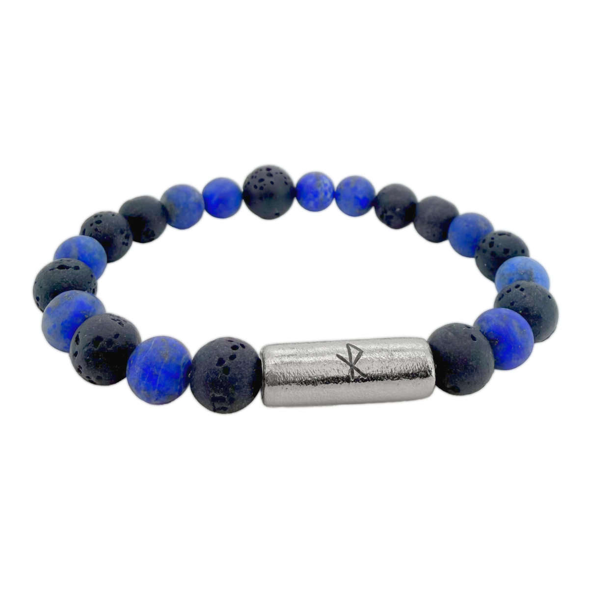 Lava and Lapis Bead Bracelet with titan magnet lock, with engraved rune - for save travel - ofeigur.is