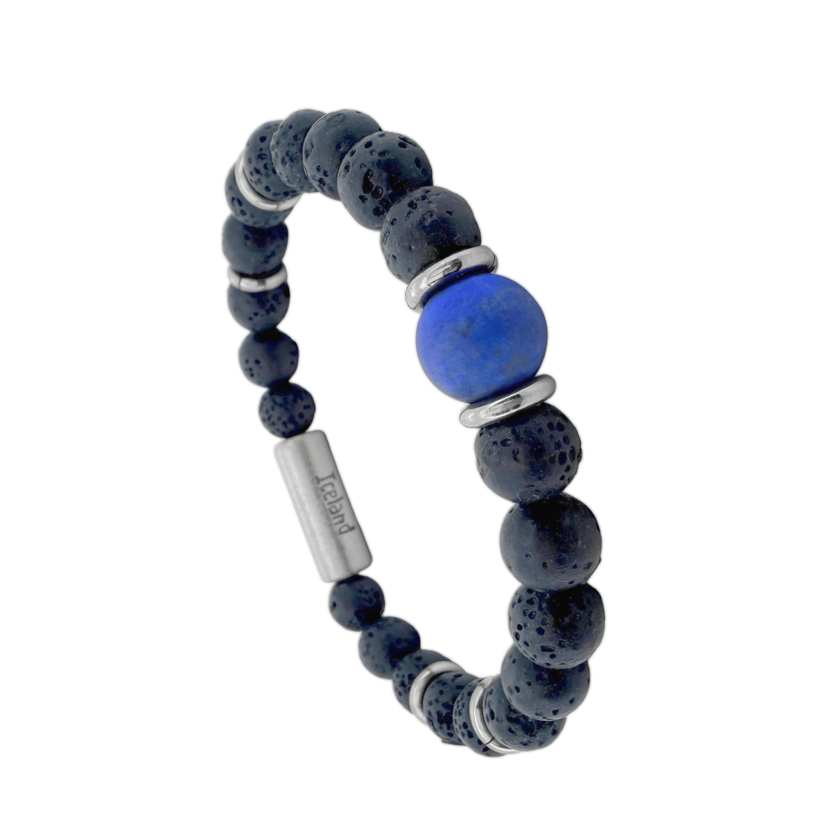 A beaded bracelet featuring dark blue lapis and lava stone beads and titan spacer rings and titan magnetic lock with engraved "Iceland and Raidho rune an ancient Norse symbol of safe travels, life's journey, and new beginnings."