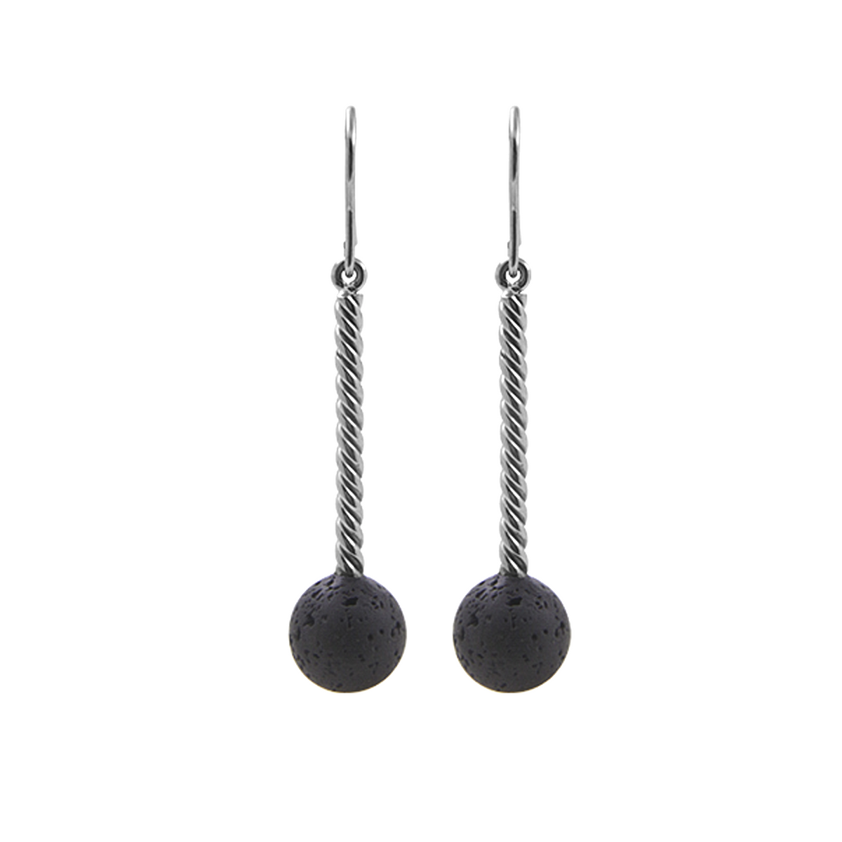 Dangling earrings by Zeezen in twisted, polished titanium, featuring a 10 mm lava stone. The gleaming titanium creates a beautiful contrast with the natural texture of the lava stone, giving the earrings a refined and distinctive look.