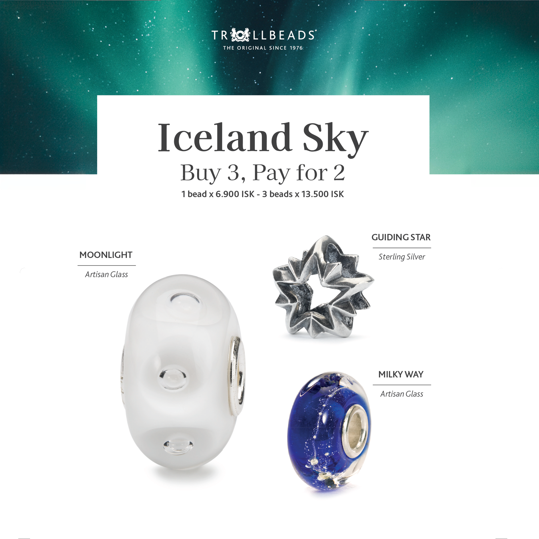 Trollbeads -Iceland Sky - buy 3 pay for 2. Tilboð keyptu 3 en borgaðu fyrir 2. Ofeigur gullsmiðja - ofeigur.is