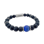 A beaded stretch bracelet featuring lapis lazuli and lava stone beads,  and titan spacer rings, with a titan magnetic lock engraved with 'Iceland'.