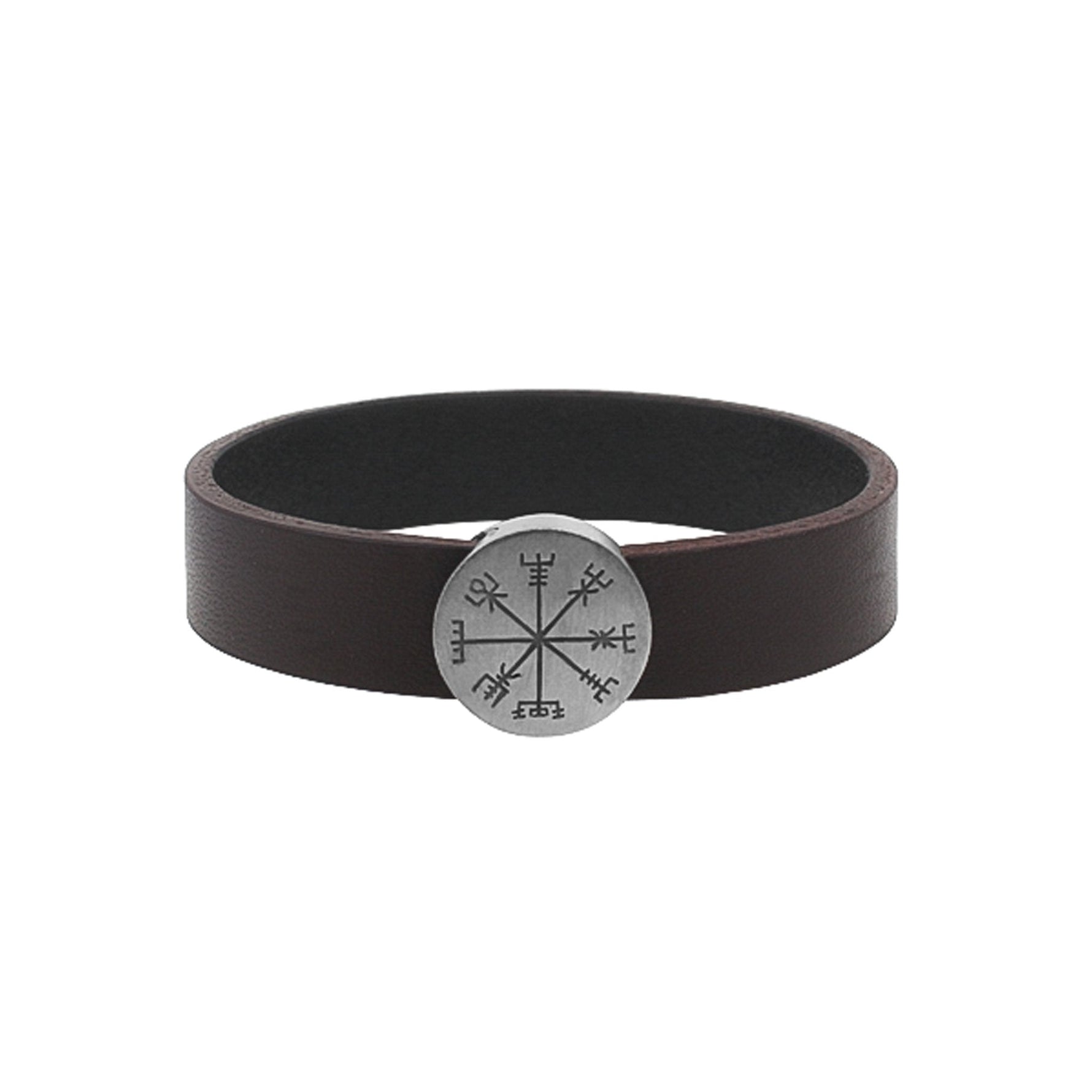 Leðurarmband matt brúnt á litinn með vegvísir handgrafinn í títaníum skjöld. Títaníum segullás. Hönnun Zeezen